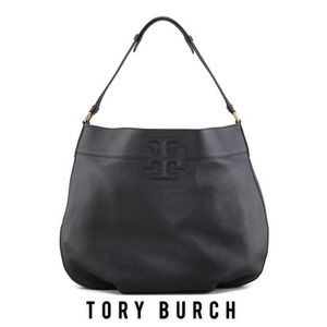 Tory Burch Stacked T Black Pebbled Leather Hobo Bag